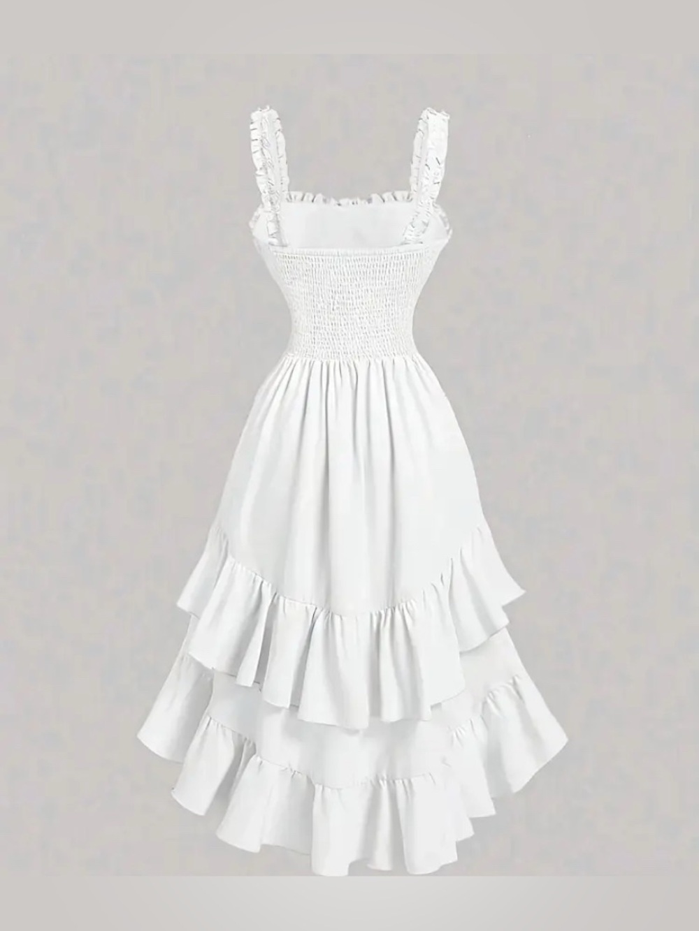 ROMANTIC White Ruffle High-Low Midi Dress with Ruched Bodice - Picture 3 of 7